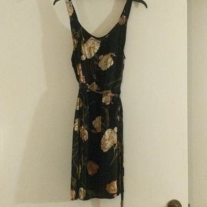 Mini black dress with pink floral & waist tie